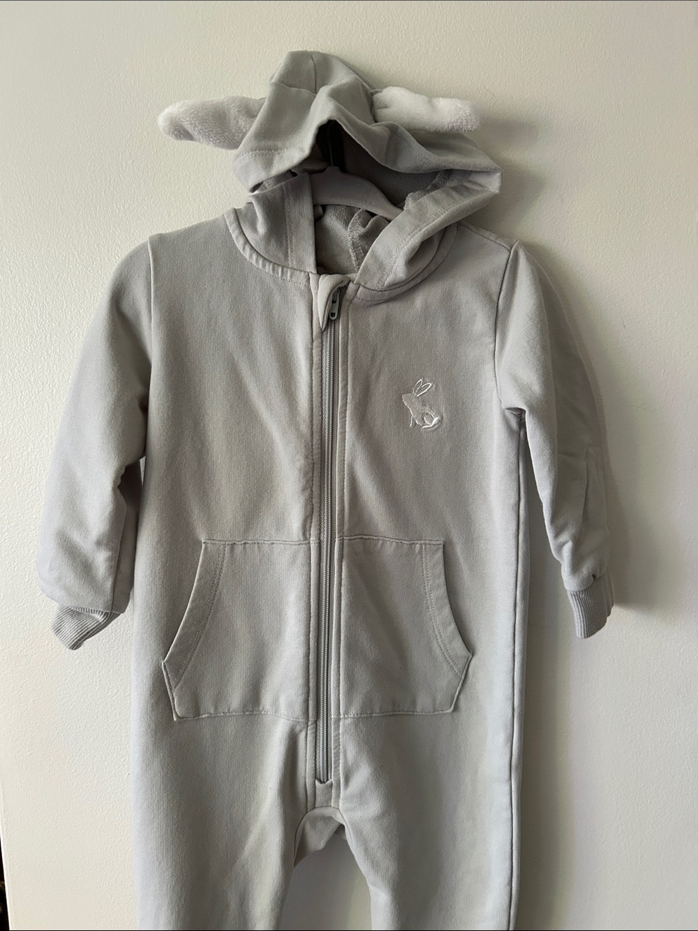 Petit Lem Gray Bunny Ear Hooded Zippered One-Piece Romper